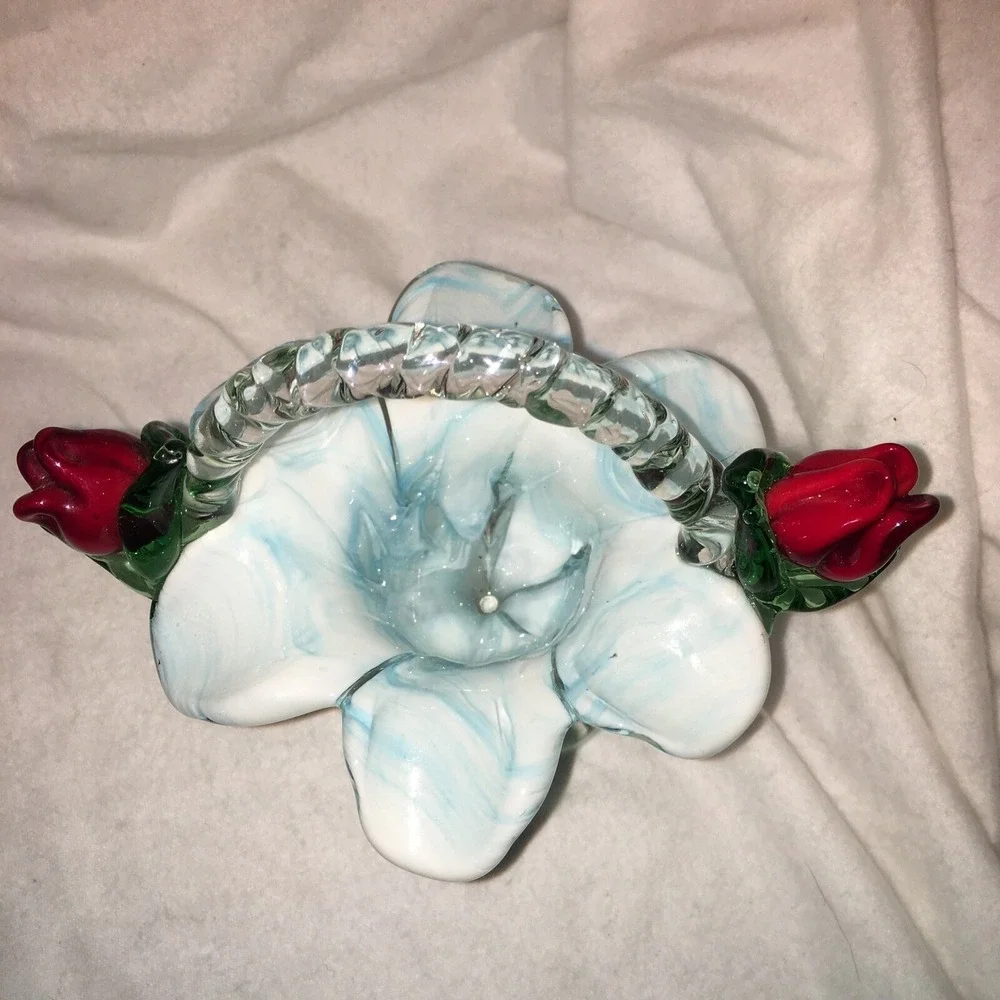 Swirl Blue Red Roses Blown Glass Flower Basket Vtg